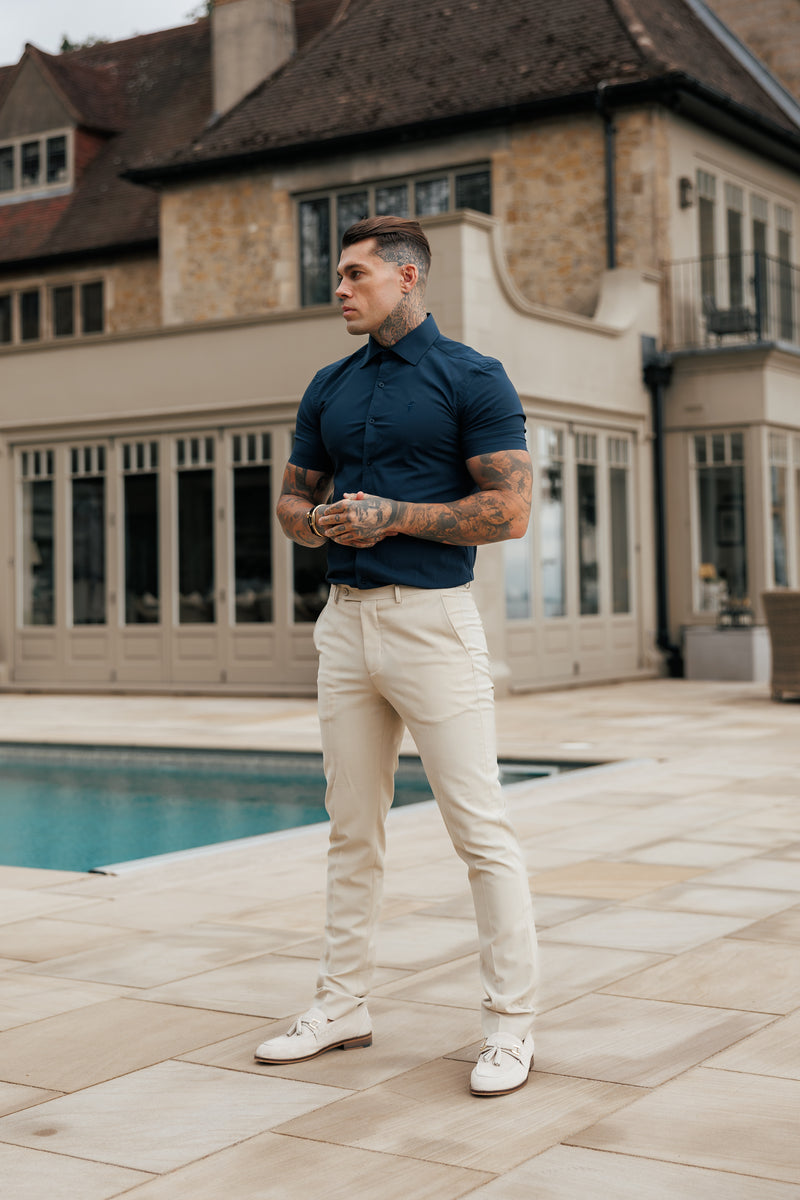 Vater-Söhne-Muscle-Fit Advanced Stretch Marineblau Kurzarm mit Cutaway-Kragen - FS1163