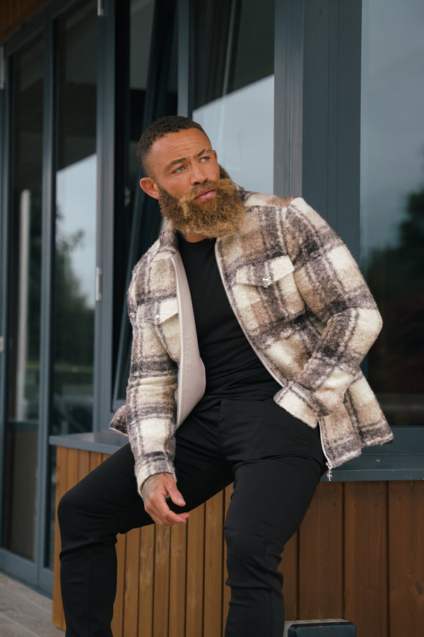 Father Sons Boucle-Jacke mit Reißverschluss und Karomuster, Taupe – FSN155