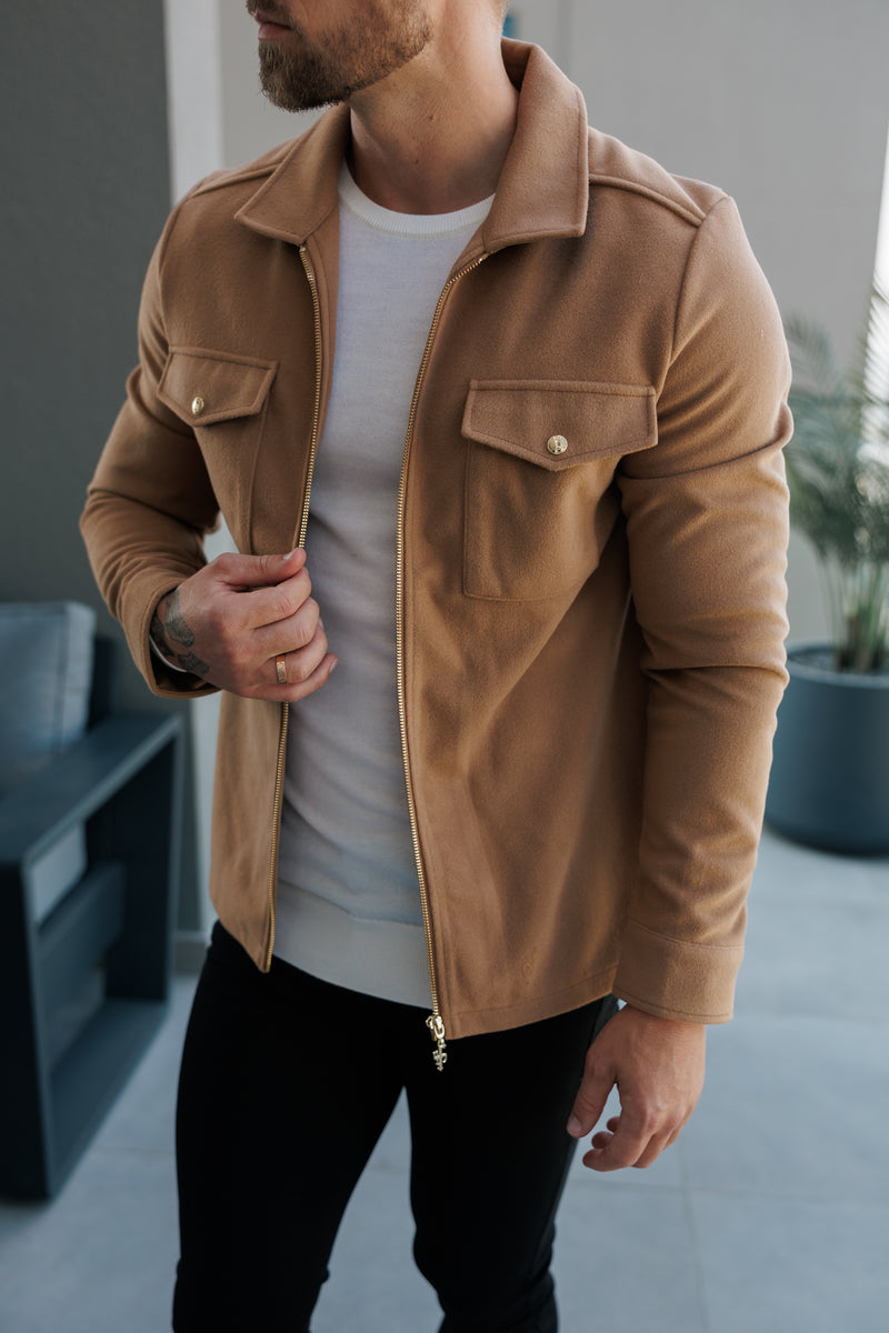 FS gebürstete, schlichte Jacke mit Reißverschluss, Taupe – FSN174 [Goldene Reißverschlüsse/Goldene Knöpfe]