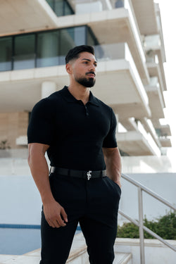 Father Sons Classic Plain Black Knitted Polo Short Sleeve - FSN108