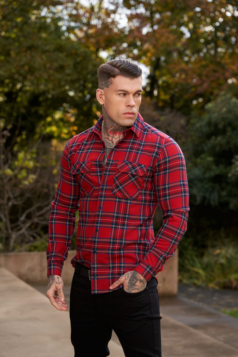 Vater Söhne Rot Tartan Check Shacket mit Doppeltaschen - FS1036