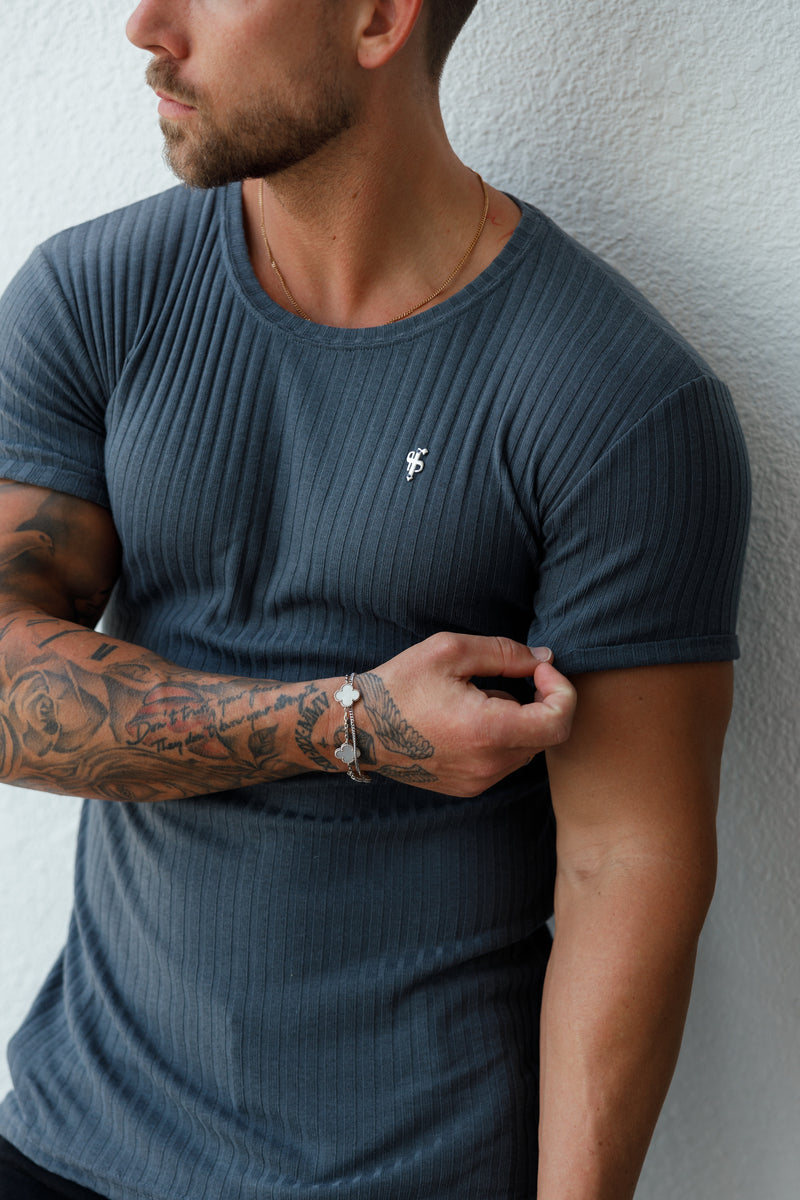 Father Sons – Klassisches, superschmal geschnittenes, kurzärmliges Rundhals-Sweatshirt in Anthrazit/Silber – FSH1084