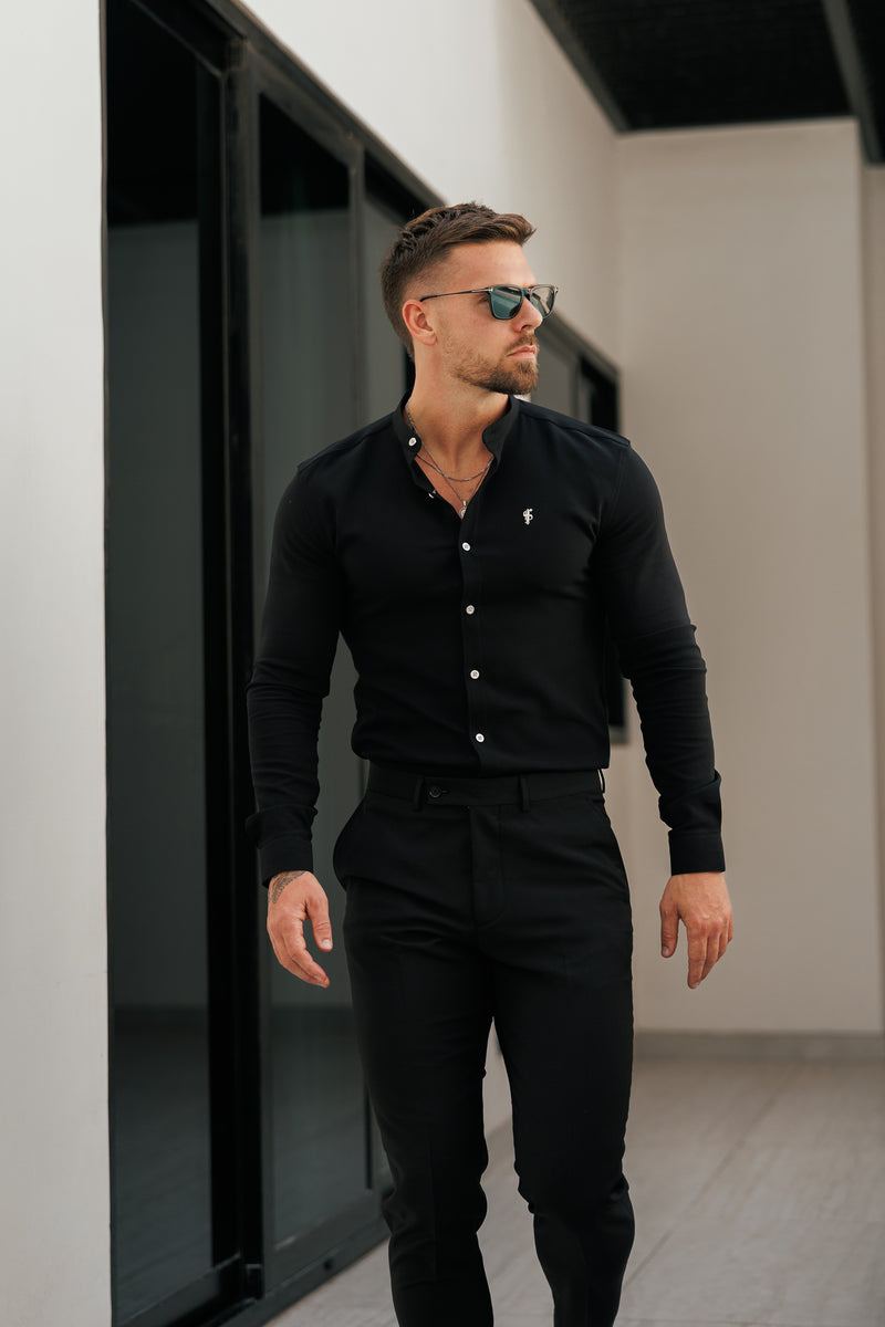 Vater-Söhne-Shirt, superschmal, Scuba, schwarz/silber, langärmlig, Stretch, mit Grandad-Kragen – FS1191