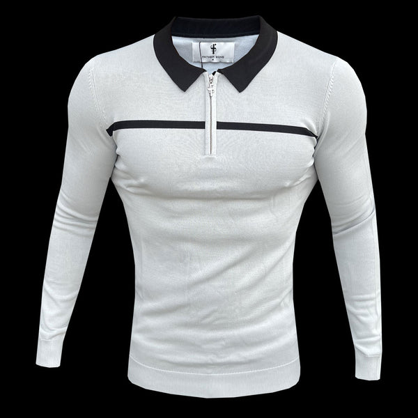 Father Sons Classic Poloshirt mit Reißverschluss, langärmelig, silbergrau/schwarz, horizontal gestreift – FSN049