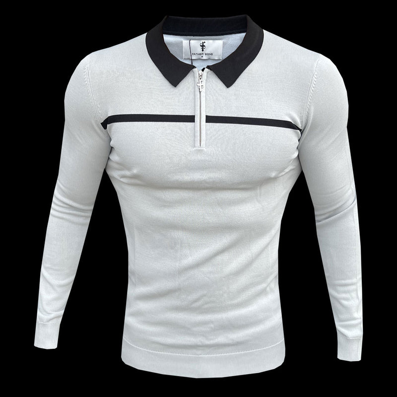 Father Sons Classic Silver Grey / Black Horizontal Stripe Zipped Polo Long Sleeve - FSN049