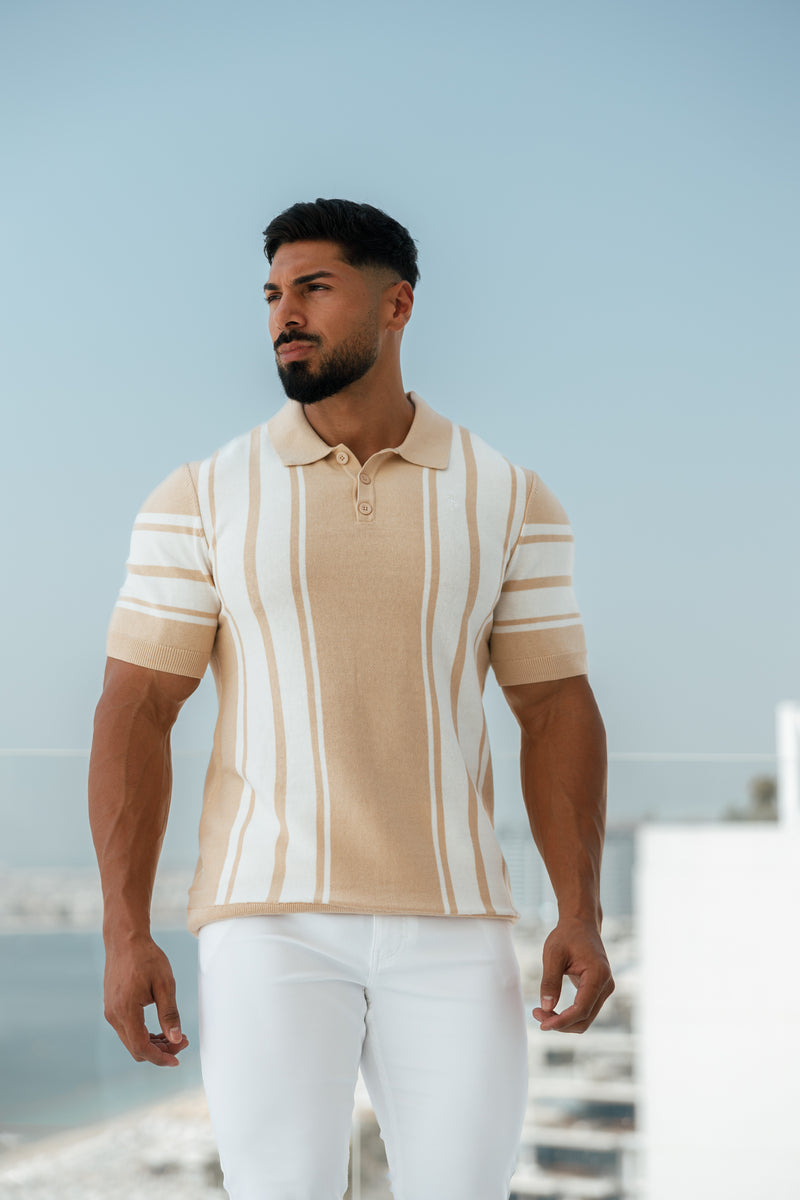 Father Sons Classic Beige/Off White Gestricktes Poloshirt mit vertikalen Streifen, kurzärmlig – FSN107