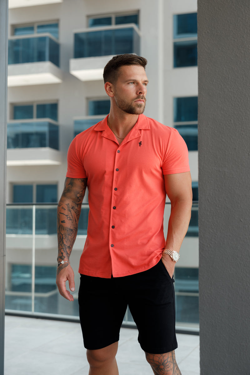 Vater-Sohn-Stretch-Piqué-Hemd mit Revers, kurzärmlig, Korallenrot – FSH1080