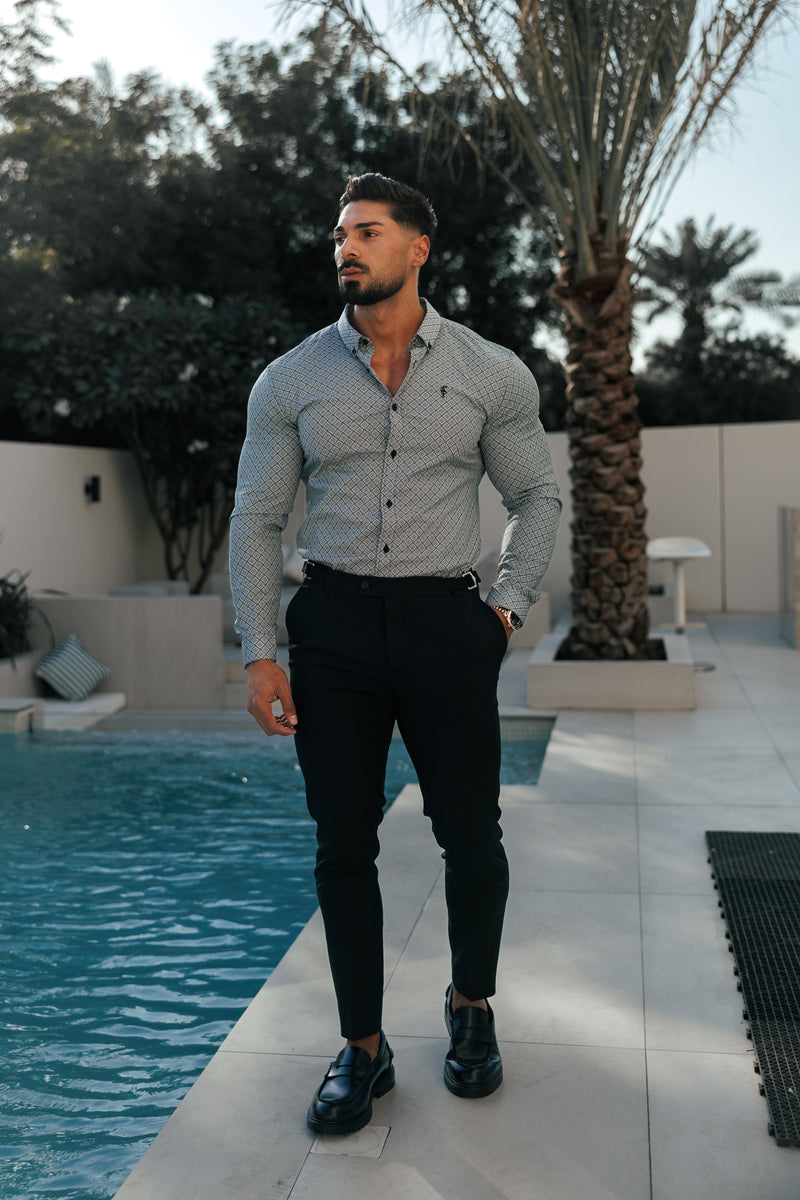 Vater-Söhne-Shirt, superschlank, dehnbar, schwarz/weiß, langärmlig, mit Rautenmuster und Button-Down-Kragen – FS1226