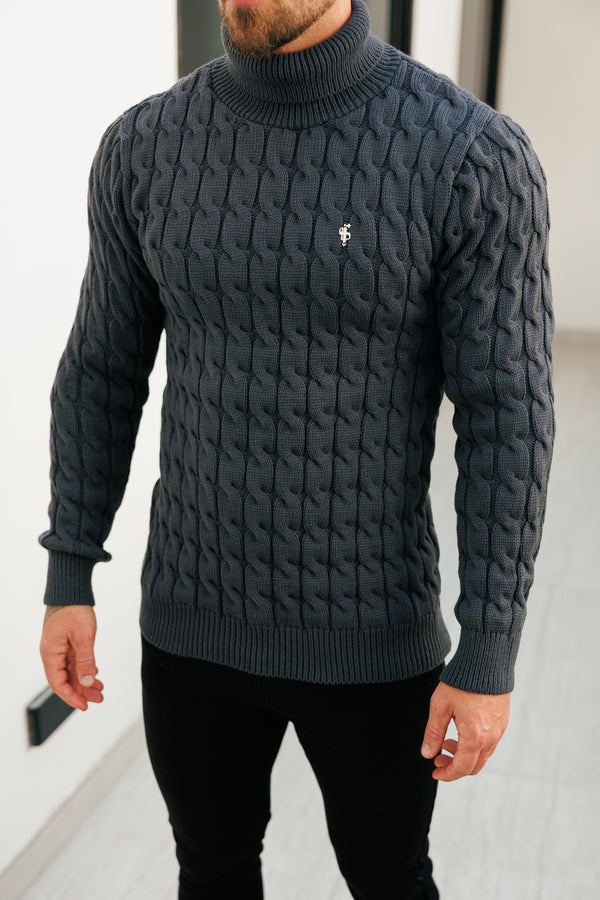 Vater-Söhne-Link Weave-Strickpullover in Anthrazit mit Rollkragen – FSJ105 (VORBESTELLUNG 12. NOVEMBER)