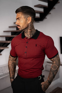 Vater-Söhne-Poloshirt mit Karomuster, schwarz/rot – FSH1259