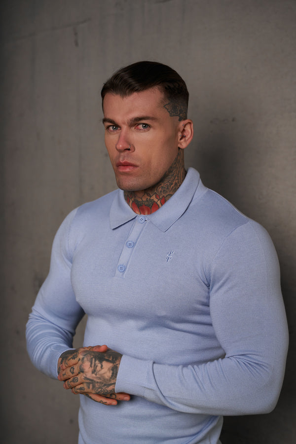 Father Sons Classic Pale Blue Knitted Polo Jumper Long Sleeve With Tonal FS Embroidery- FSN142