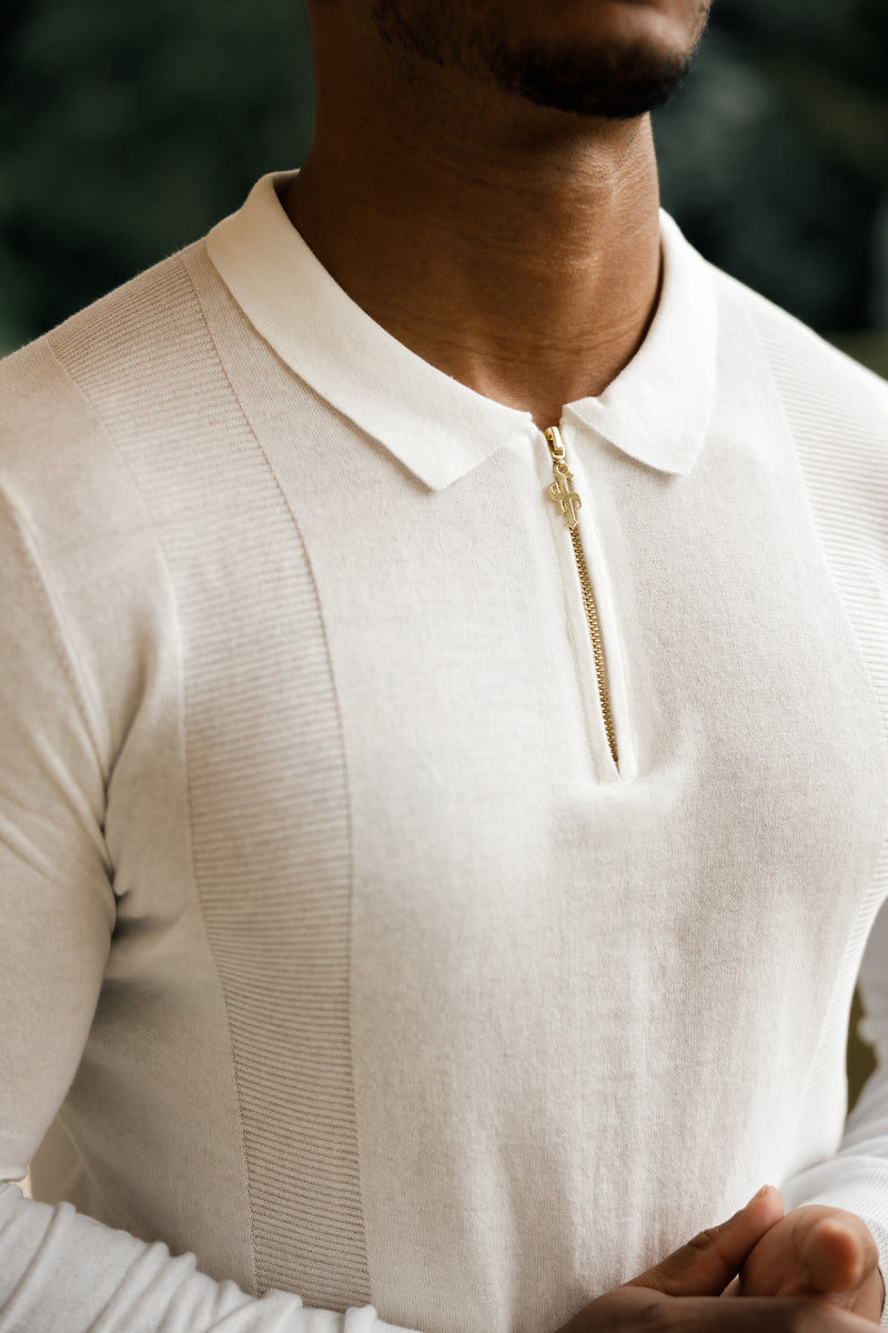 Father Sons klassisches weißes und goldenes Strick-Poloshirt mit Reißverschluss, langärmlig – FSN125