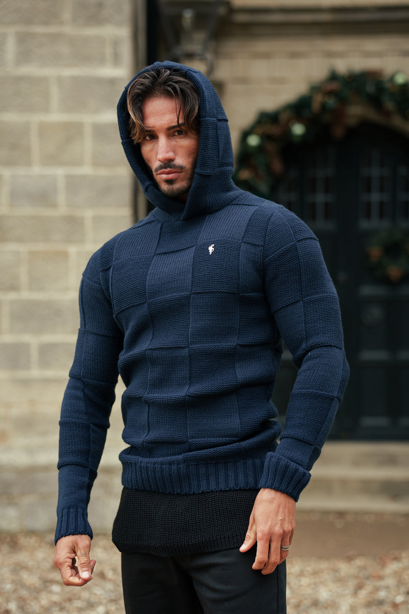 Strickhoodie mit marineblauem Schachbrettmuster für Väter und Söhne - FSJ138 (VORBESTELLUNG AM 11. DEZEMBER)