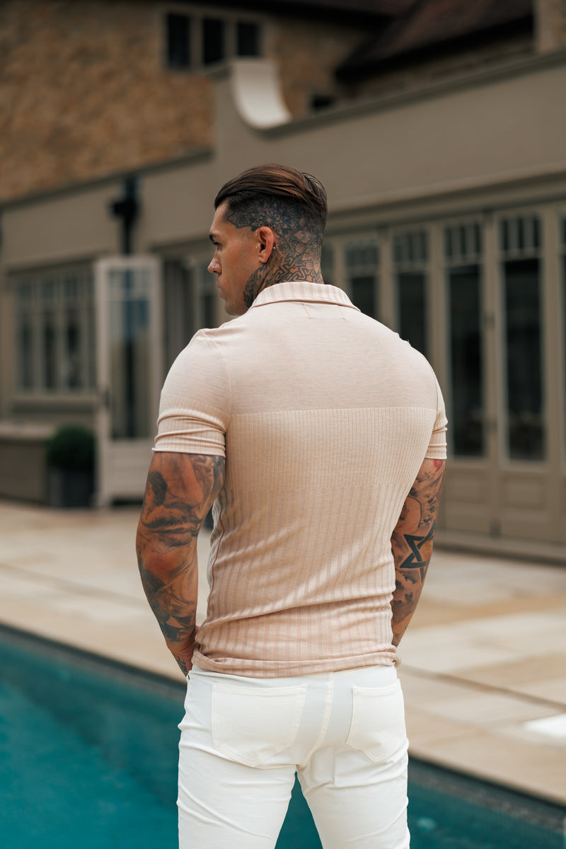 Vater-Sohn-Jersey-Hemd mit Revers und vertikalen Streifen, kurzärmlig, Beige – FSR026