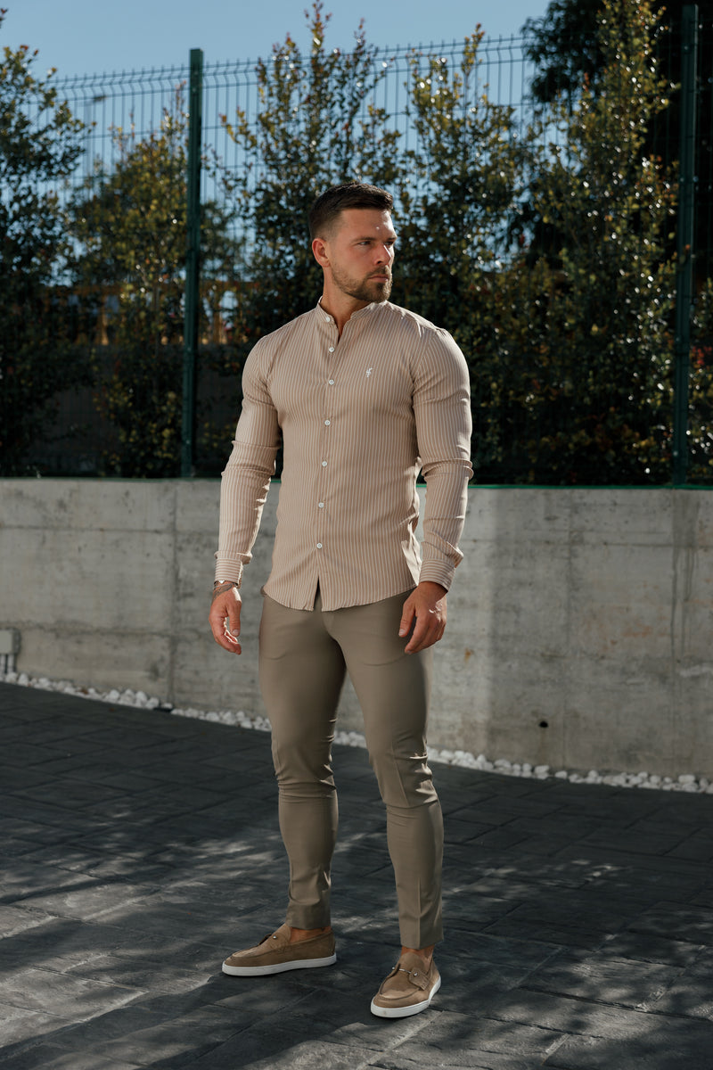 Father Sons Super Slim Stretch Taupe Printed Pinstripe Long Sleeve with Grandad Collar - FS1057