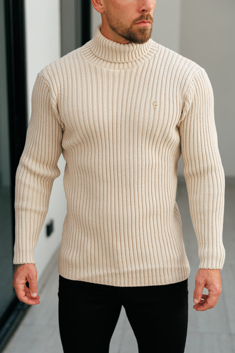 Beigefarbener Rollkragenpullover aus Rippstrick für Vater und Sohn – FSJ112 (VORBESTELLUNG 12. NOVEMBER)