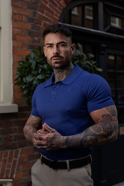 Father Sons Classic Ocean Blue Knitted Polo Jumper Short Sleeve With Tonal FS Embroidery- FSN144