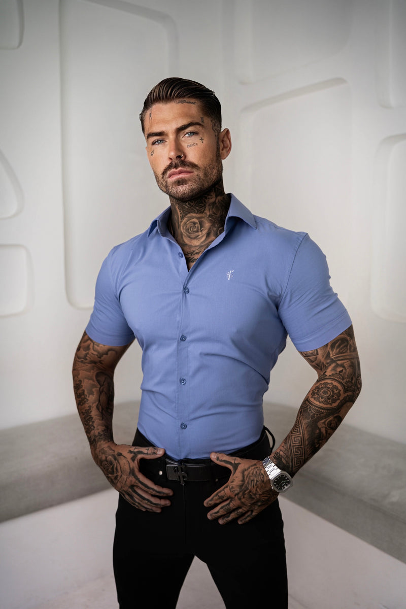 Vater-Söhne-Muscle-Fit-Shirt mit fortschrittlichem Stretch, mittelblau, kurzärmlig, mit Cutaway-Kragen – FS1203