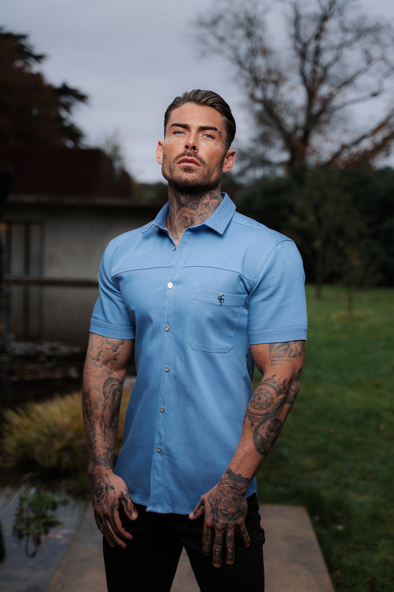 Father Sons Super Slim Stretch Light Blue Denim Short Sleeve with Horizontal Seam and Pocket- FS957