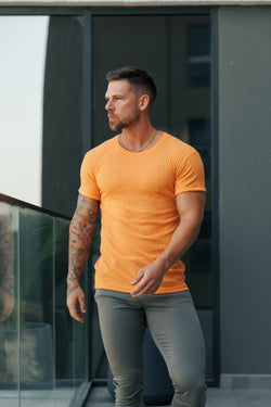 Vater Söhne Klassisches, orangefarbenes, superschlankes, kurzärmliges Rundhalsshirt aus Rippstrick - FSH1163