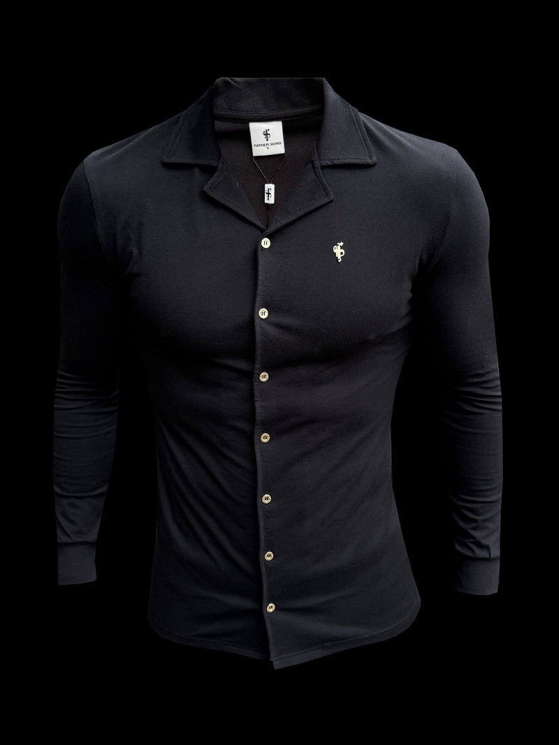 Vater-Sohn-Stretch-Langarmhemd mit Revers, schwarz, Piqué - FSH1207