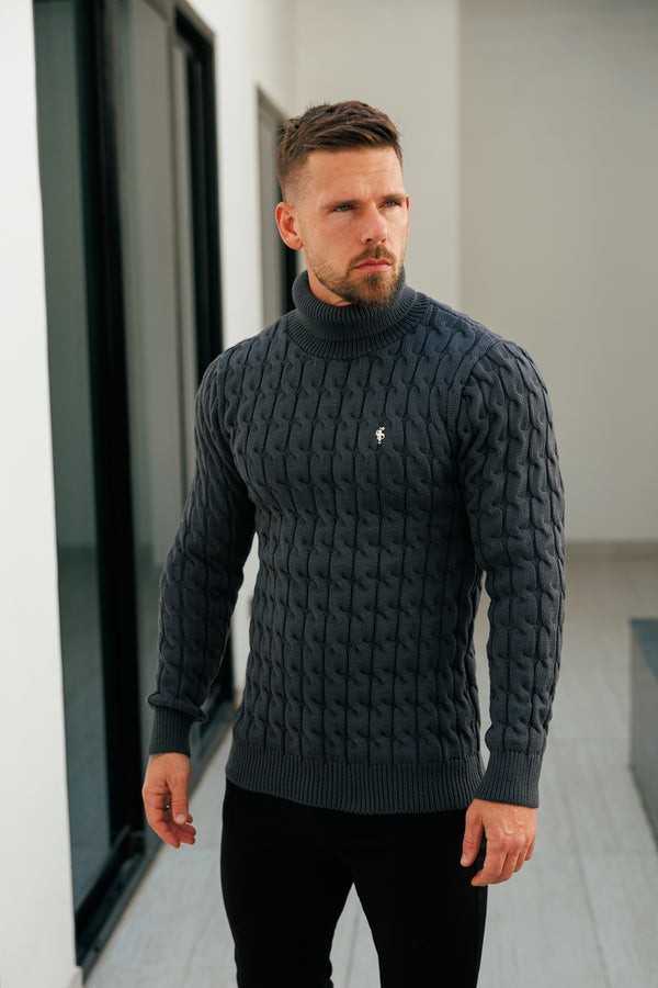 Vater-Söhne-Link Weave-Strickpullover in Anthrazit mit Rollkragen – FSJ105 (VORBESTELLUNG 12. NOVEMBER)