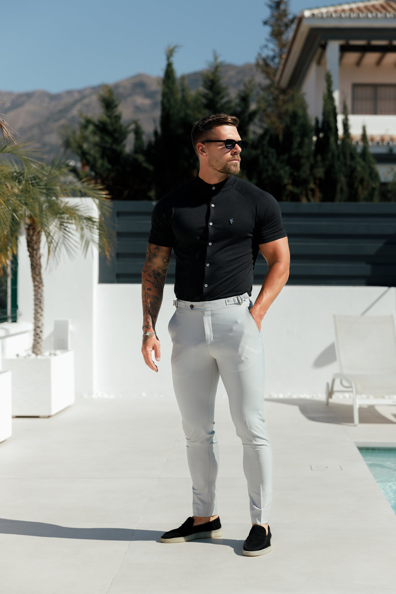FS Slim Bamboo Raglan Grandad Collar Black Short Sleeve - FSH1165