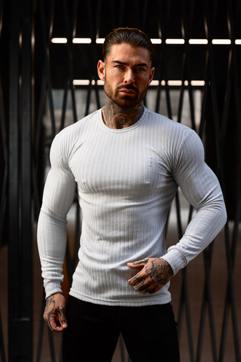 Father Sons Classic Light Grey Ribbed Knit Jumper With Tonal Embroidery - FSH948