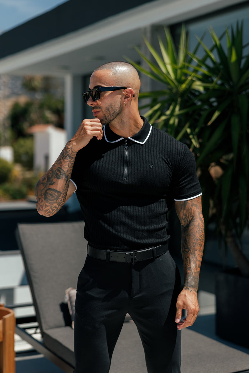 Father Sons klassisches schwarzes geripptes Poloshirt mit Reißverschluss und kontrastierenden kurzen Ärmeln – FSH1103 