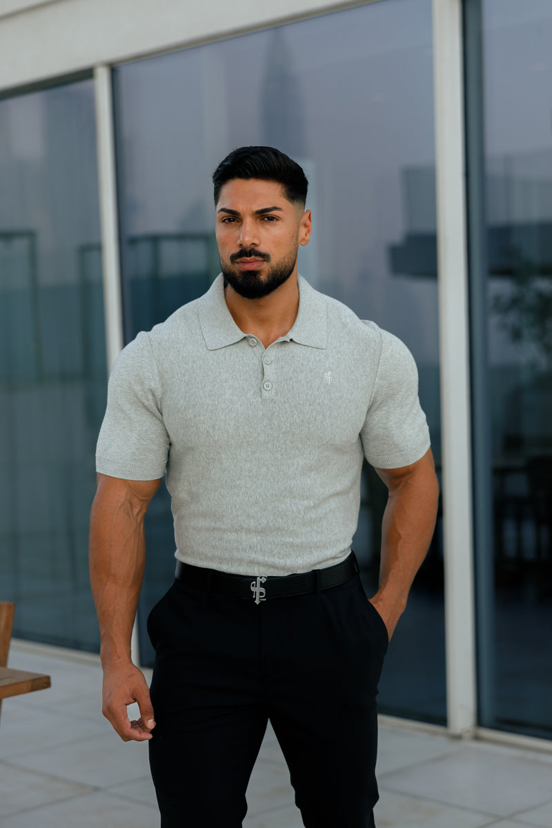 Father Sons Classic Plain Light Grey Knitted Polo Short Sleeve - FSN110