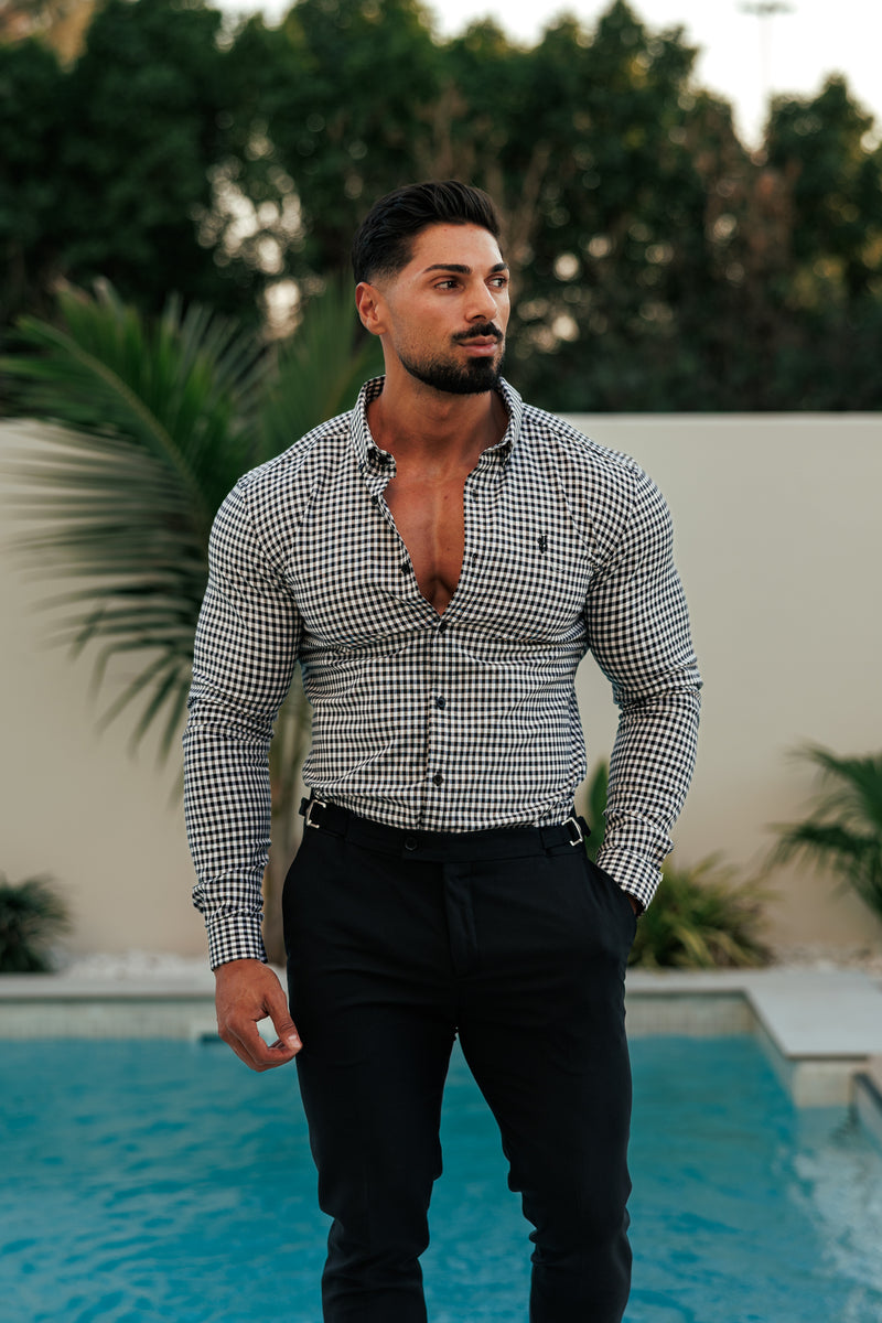 FS Super Slim Stretch Weiß / Schwarz Karo Langarm mit Knopfleiste - FS1069