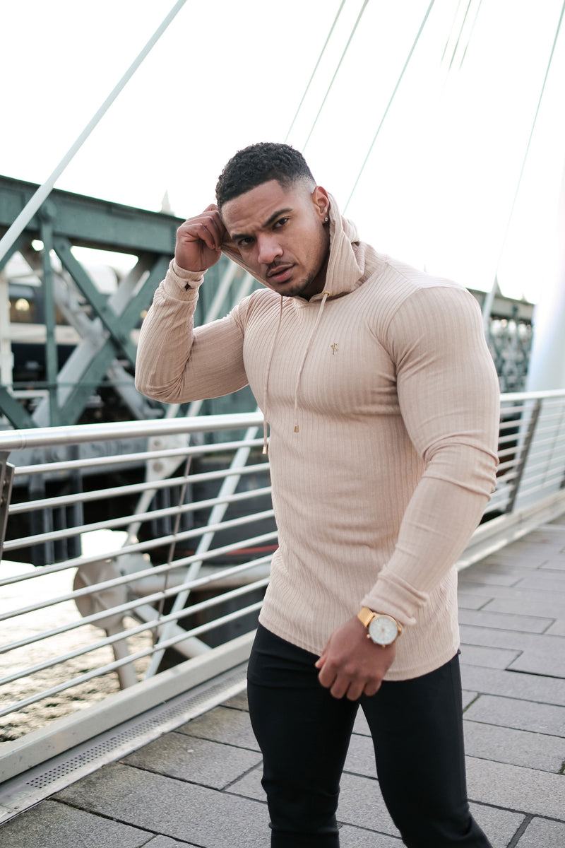 Father Sons klassischer beigefarbener Rippstrick-Kapuzenpullover – FSH907