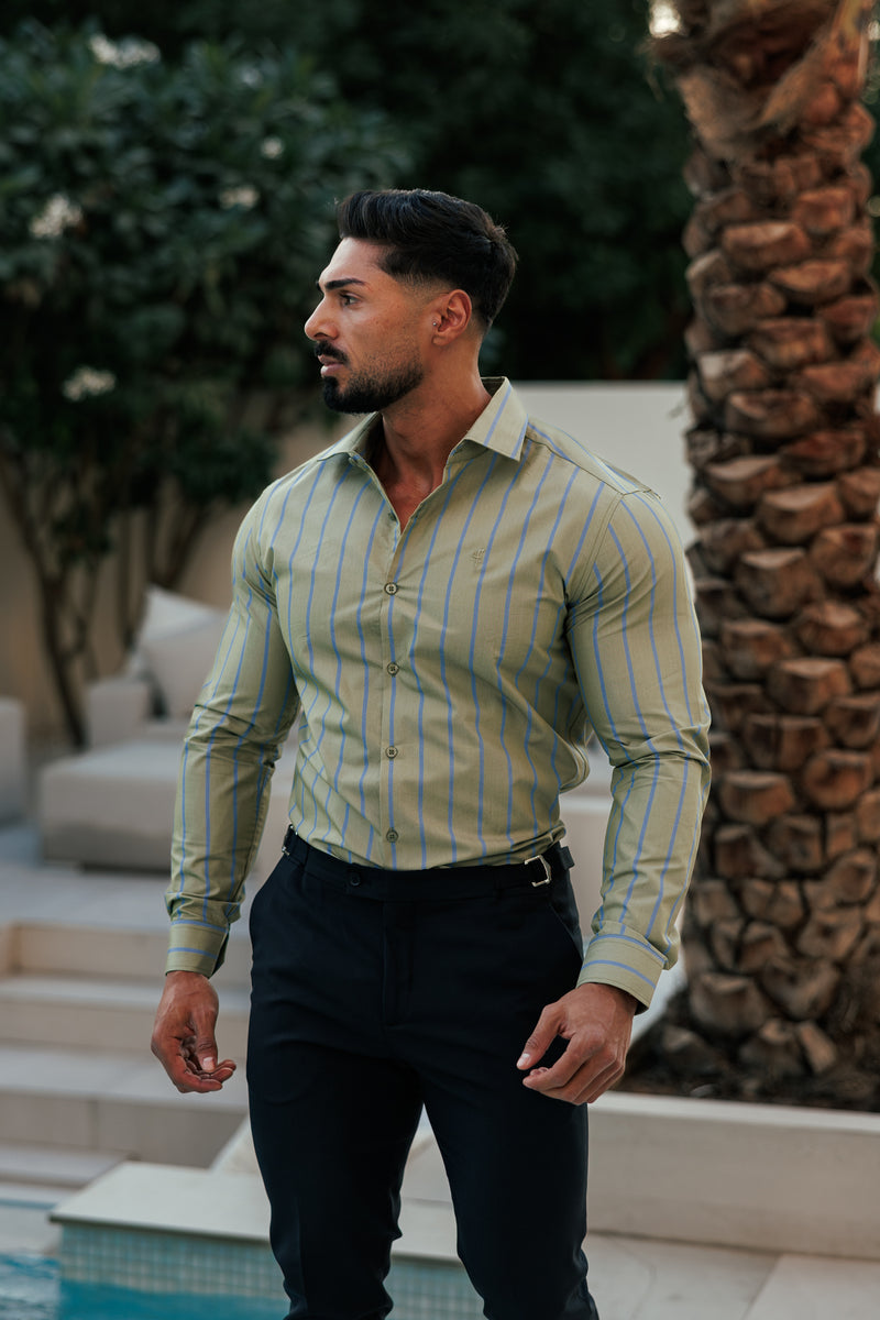 Father Sons Classic Green / Blue Stripe Long Sleeve with Cutaway Collar - FS1179