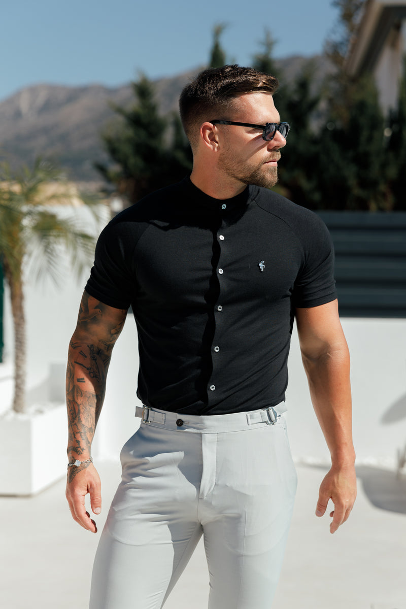 FS Slim Bamboo Raglan Grandad Collar Black Short Sleeve - FSH1165