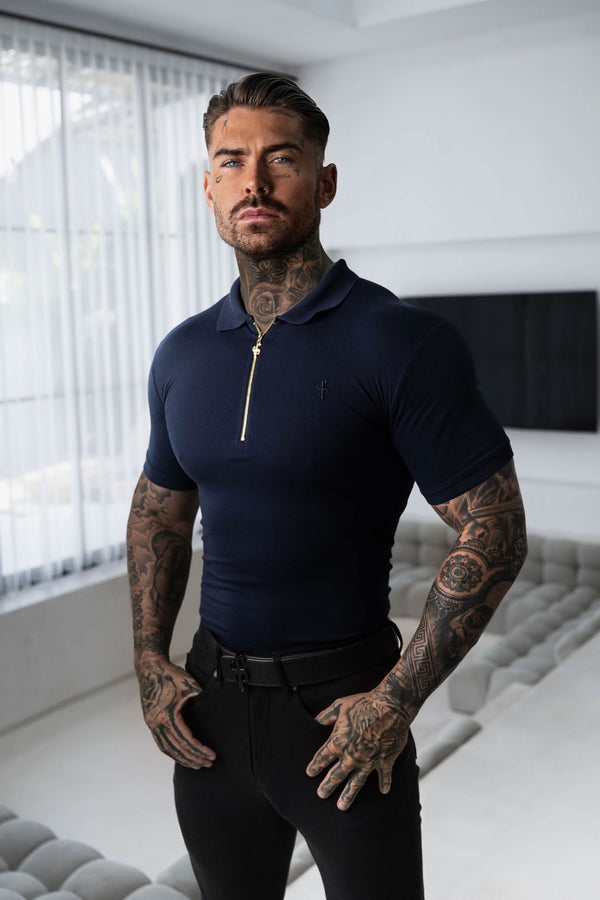 Father Sons klassisches Poloshirt mit Reißverschluss in Marineblau und Gold – FSH809