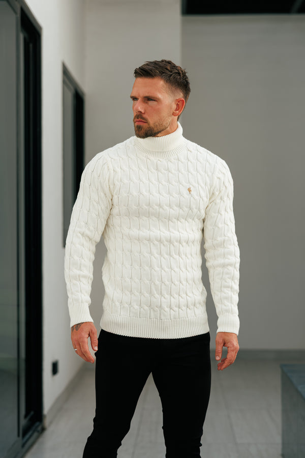 Cremefarbener Rollkragenpullover aus gestricktem Link Weave-Strick von Father Sons – FSJ102 (VORBESTELLUNG 12. NOVEMBER)