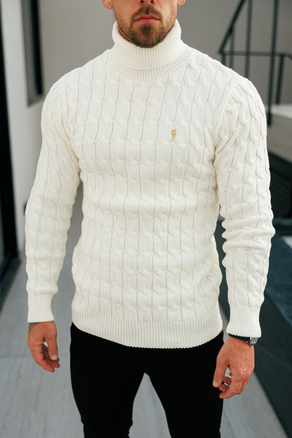 Cremefarbener Rollkragenpullover aus gestricktem Link Weave-Strick von Father Sons – FSJ102 (VORBESTELLUNG 12. NOVEMBER)