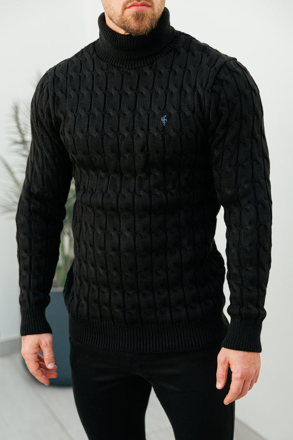 Schwarzer Rollkragenpullover aus Link Weave-Strick von Father Sons – FSJ101 (VORBESTELLUNG 12. NOVEMBER)