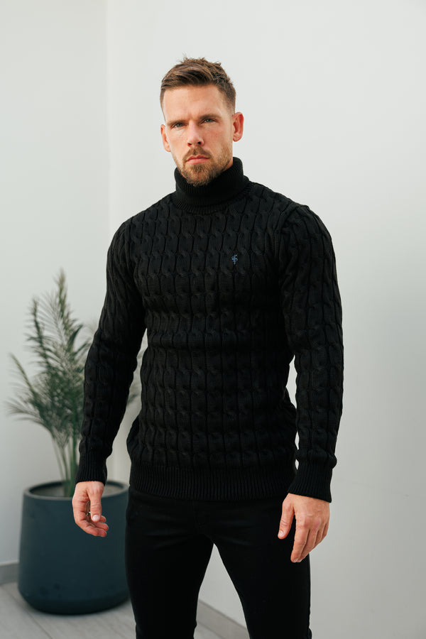 Schwarzer Rollkragenpullover aus Link Weave-Strick von Father Sons – FSJ101 (VORBESTELLUNG 12. NOVEMBER)