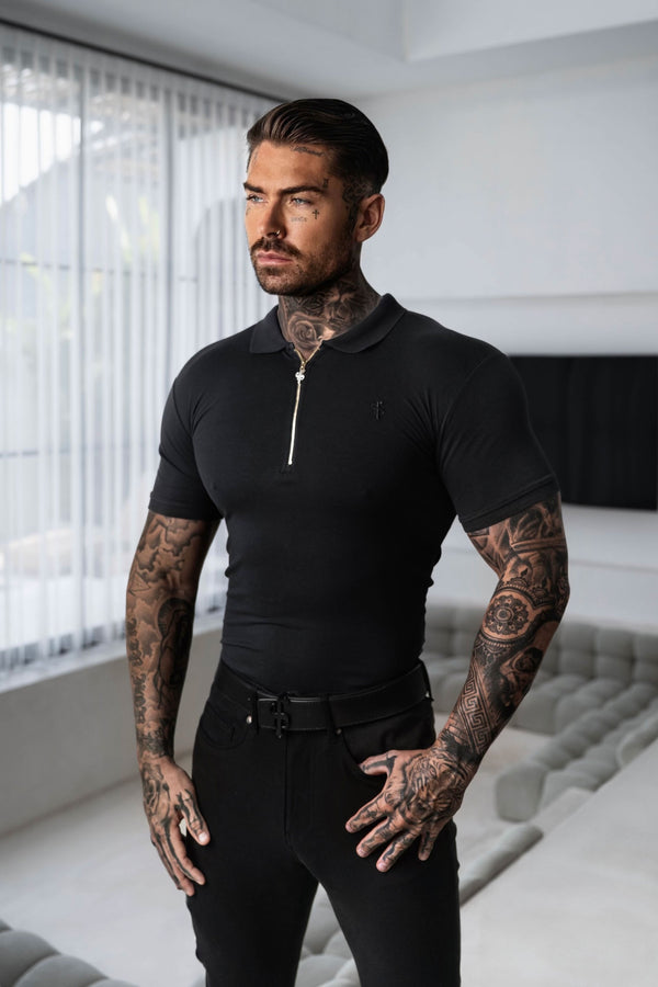 Father Sons klassisches schwarz-goldenes Poloshirt mit Reißverschluss – FSH239