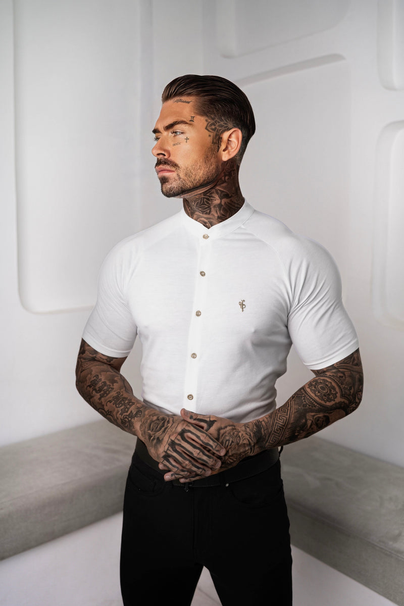 FS Slim Bamboo Raglan Grandad Kragen Weiß Kurzarm - FSH1166