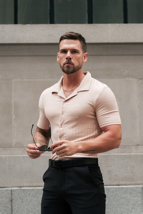 Father Sons Jersey Revere Vertical Stripe Beige Shirt Short Sleeve - FSR026
