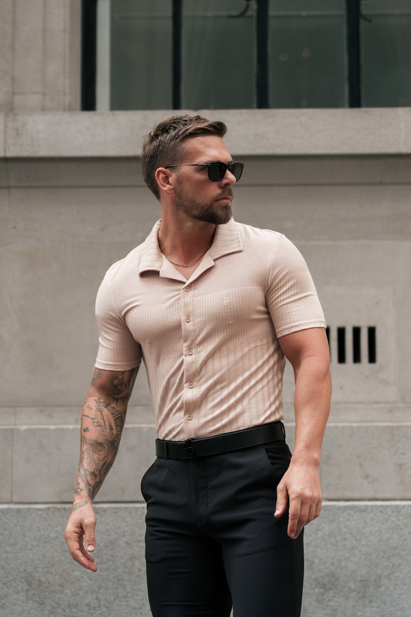Father Sons Jersey Revere Vertical Stripe Beige Shirt Short Sleeve - FSR026
