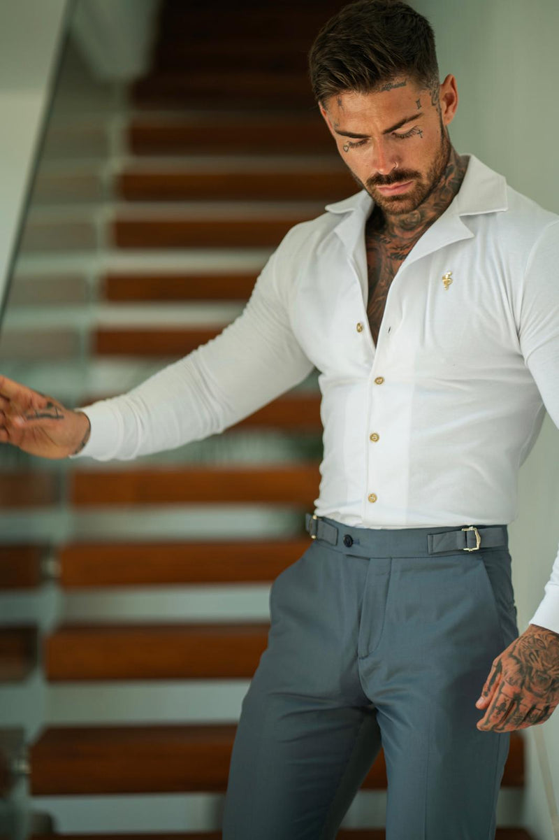 Vater-Sohn-Stretch-Langarmhemd aus weißem Piqué mit Revers - FSH1208