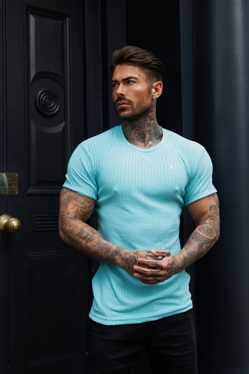 Father Sons Classic Turquoise / Silver Ribbed Knit Super Slim Short Sleeve Crew - FSH1092