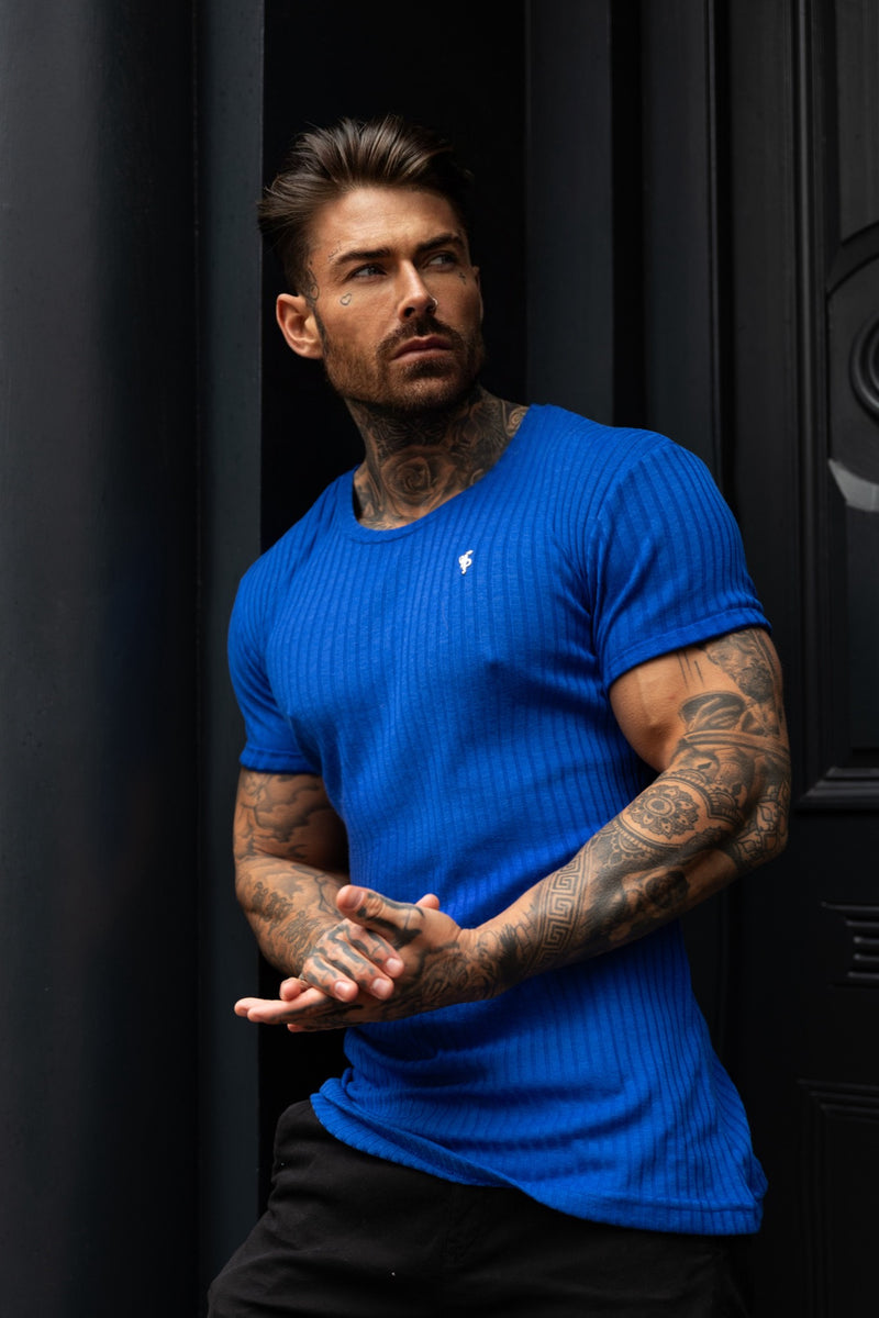 Father Sons Classic Royal Blue / Silver Ribbed Knit Super Slim Short Sleeve Crew - FSH1091