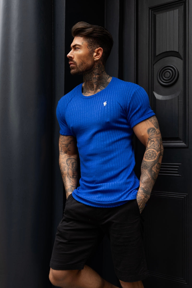 Father Sons – Klassisches, superschlankes, kurzärmliges Rippstrick-Shirt in Königsblau/Silber – FSH1091