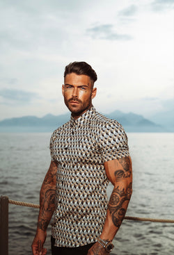 Father Sons Super Slim Stretch Grey / Beige Chevron Print Short Sleeve with Button Down Collar - FS905