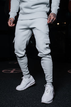 Father Sons Light Grey Cargo Tracksuit Bottoms With Pockets, Cuffed Hem and FS Embroidery - FSH936