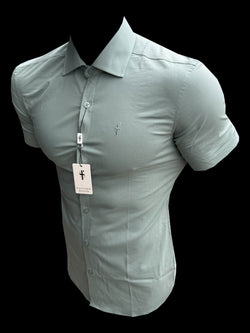 Vater-Söhne-Muscle-Fit-Shirt mit Advanced-Stretch, Khaki, kurzärmlig, mit Cutaway-Kragen – FS1204